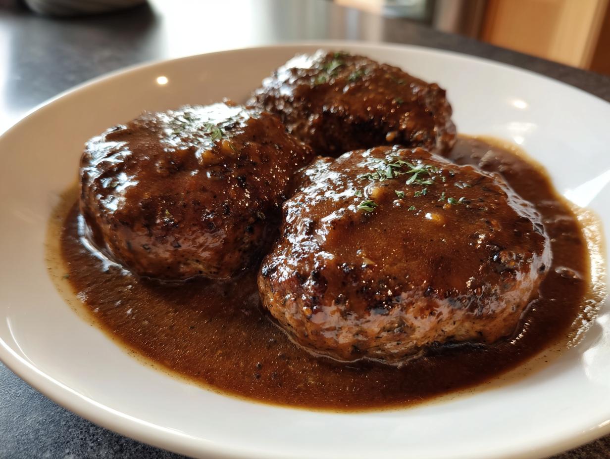 Three perfectly cooked Salisbury steak patties smothered in rich brown gravy, garnished with herbs.