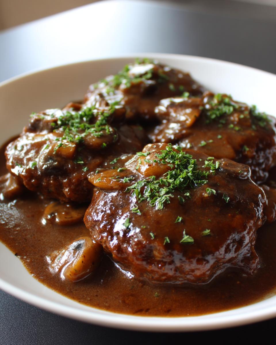 Three servings of juicy Salisbury steak smothered in rich mushroom gravy and topped with fresh parsley.