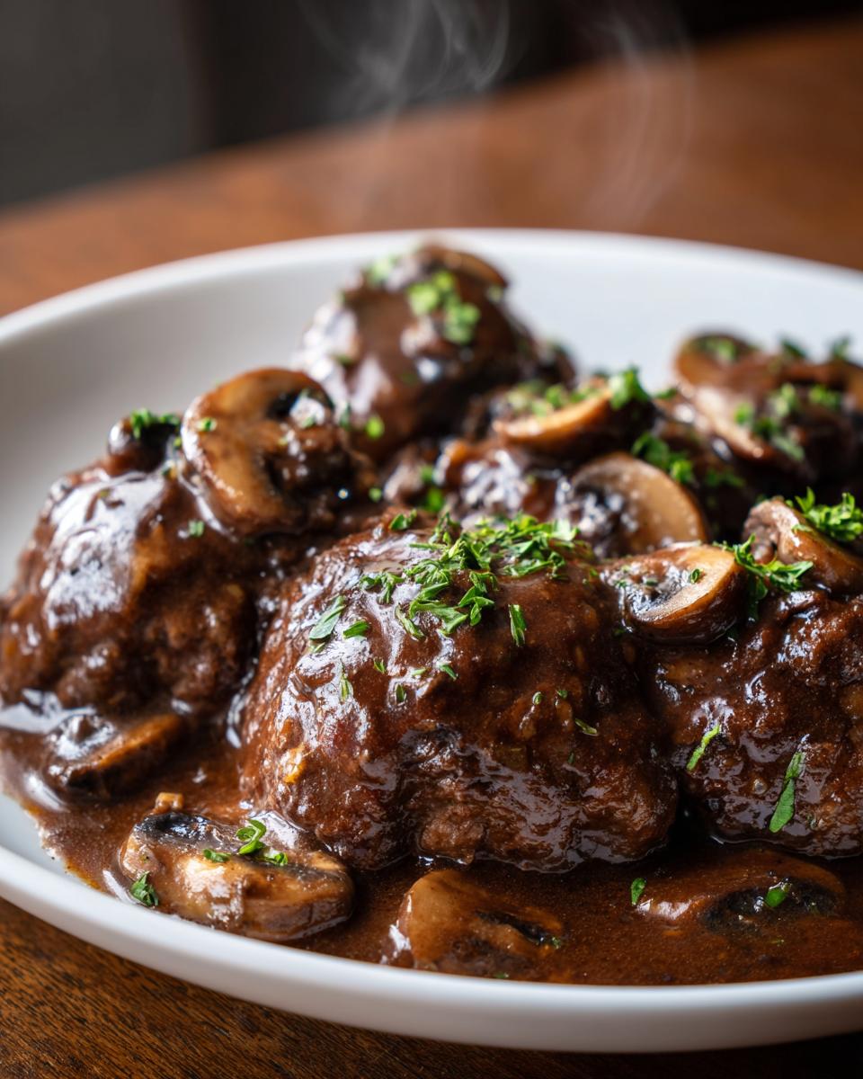 Close-up of hot, steaming Salisbury steak patties smothered in rich mushroom gravy and garnished with parsley.