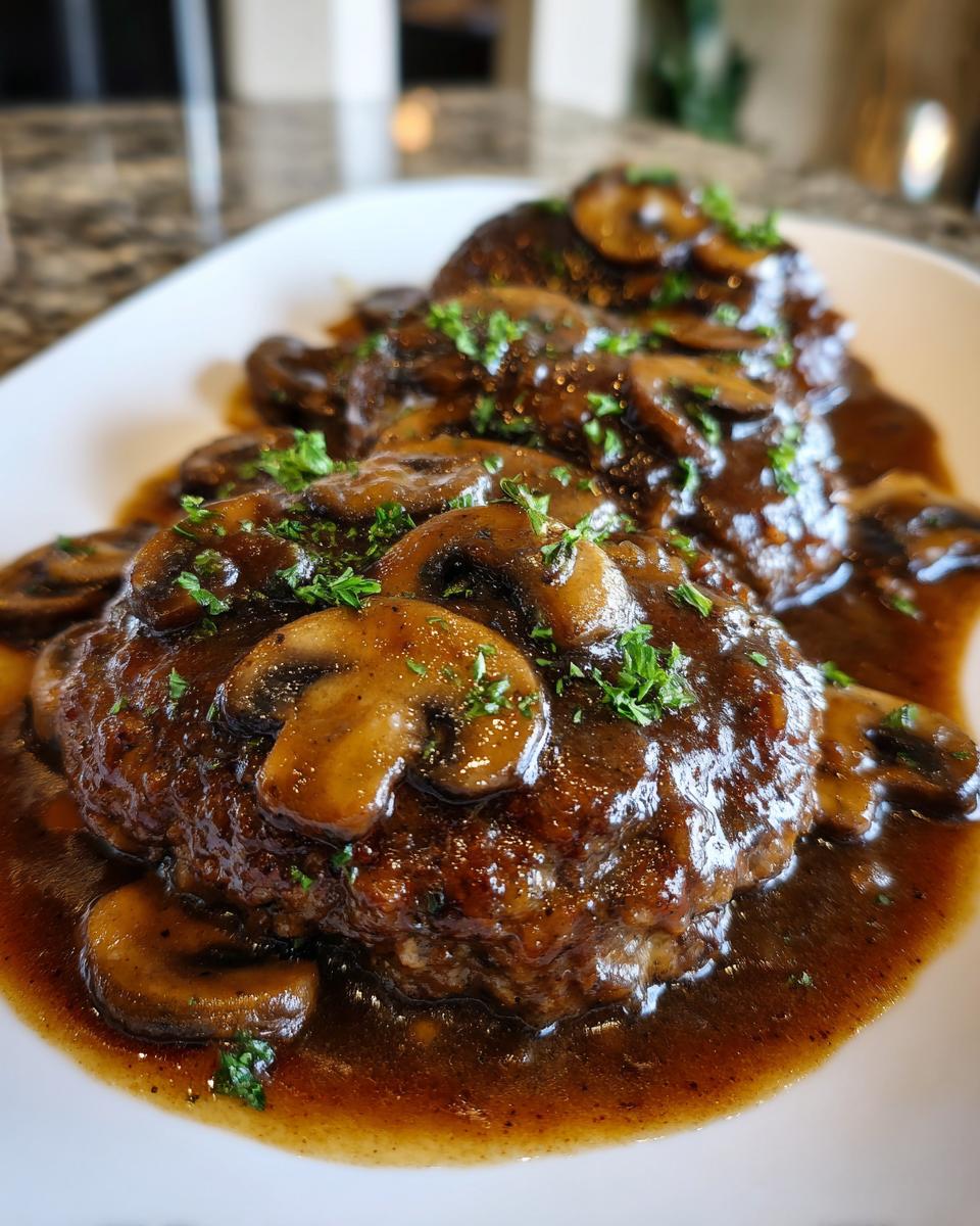 Close-up of three servings of juicy Salisbury steak smothered in rich brown mushroom gravy and topped with fresh parsley.