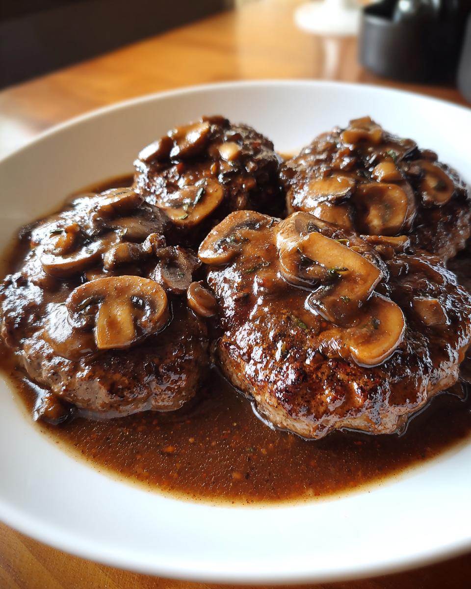 Four perfectly cooked Salisbury steak patties smothered in rich mushroom gravy.