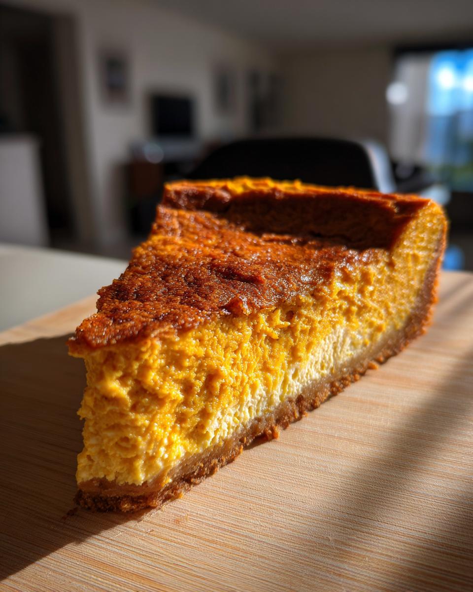 A close-up slice of rich, orange keto pumpkin cheesecake resting on a wooden cutting board.