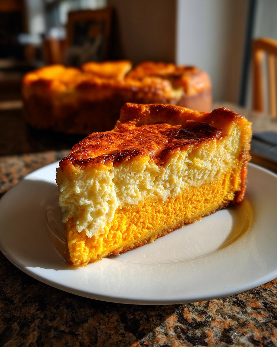 A thick slice of keto pumpkin cheesecake showing distinct orange pumpkin and white cream cheese layers, served on a white plate.