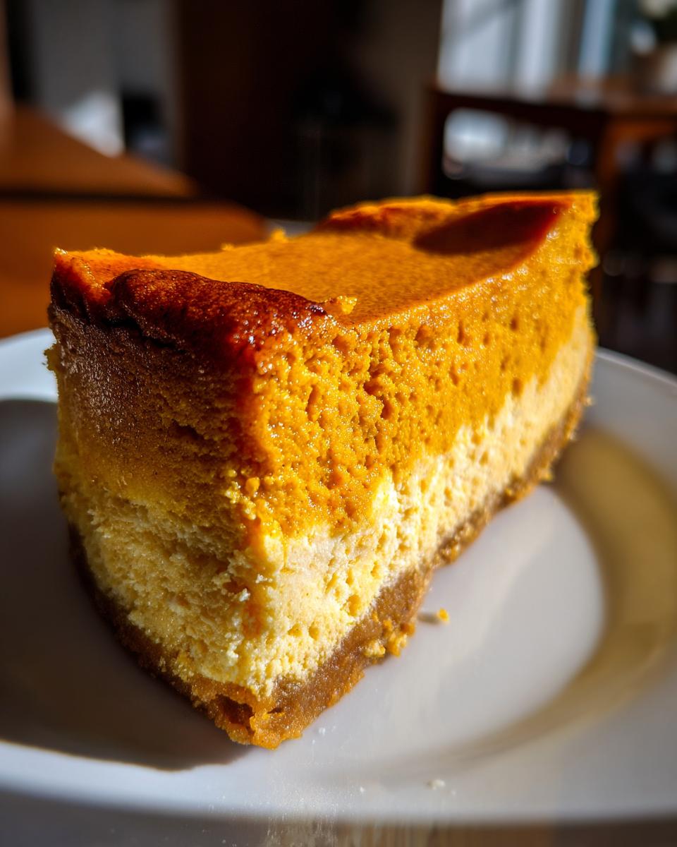 Close-up of a rich, two-toned slice of keto pumpkin cheesecake on a white plate.