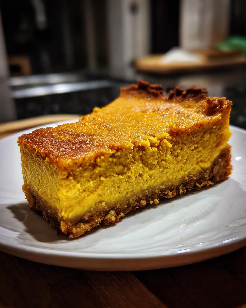 A close-up shot of a thick, vibrant orange slice of keto pumpkin cheesecake on a white plate.