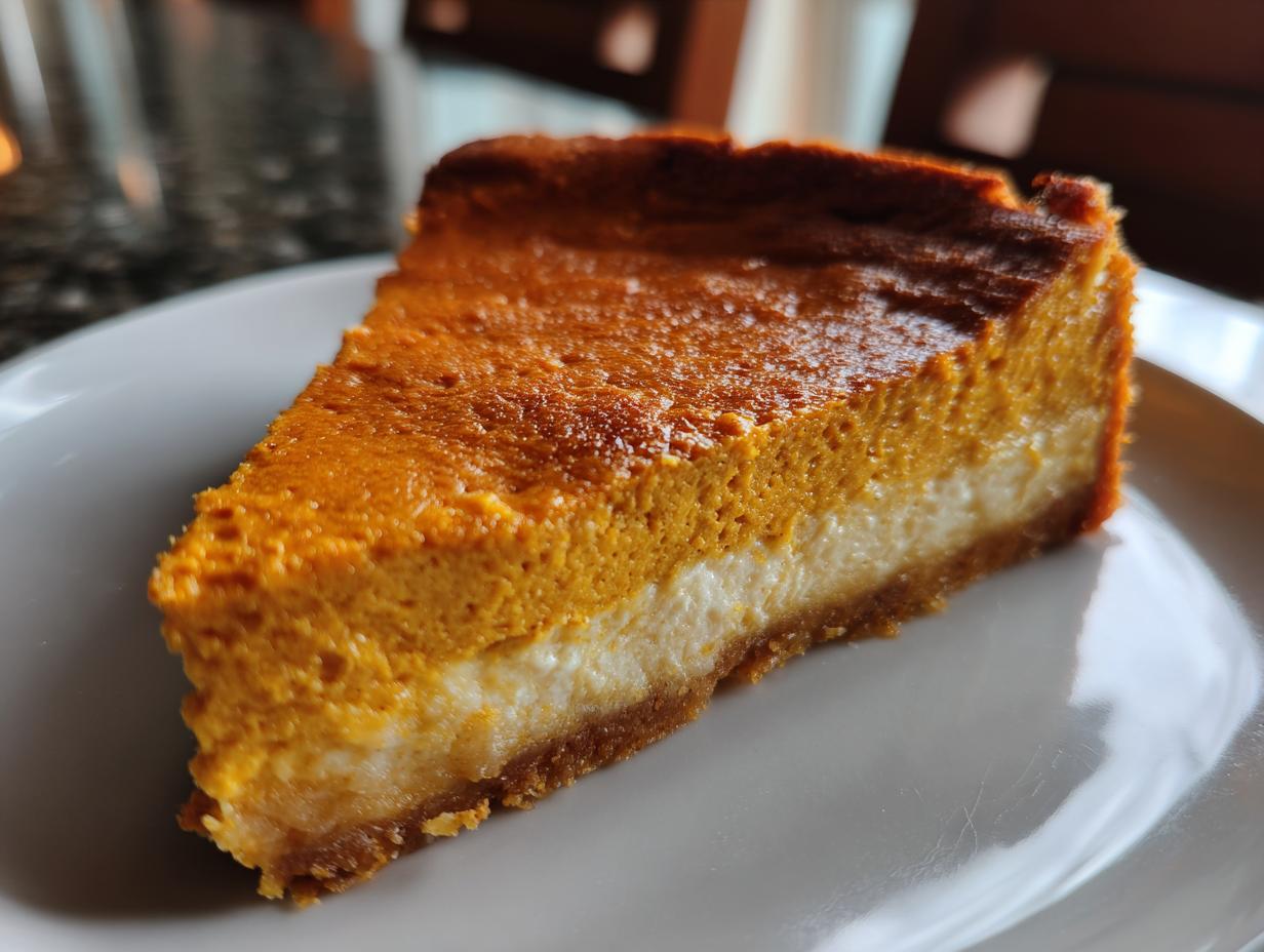 A close-up of a perfect slice of keto pumpkin cheesecake showing distinct pumpkin and cream cheese layers.