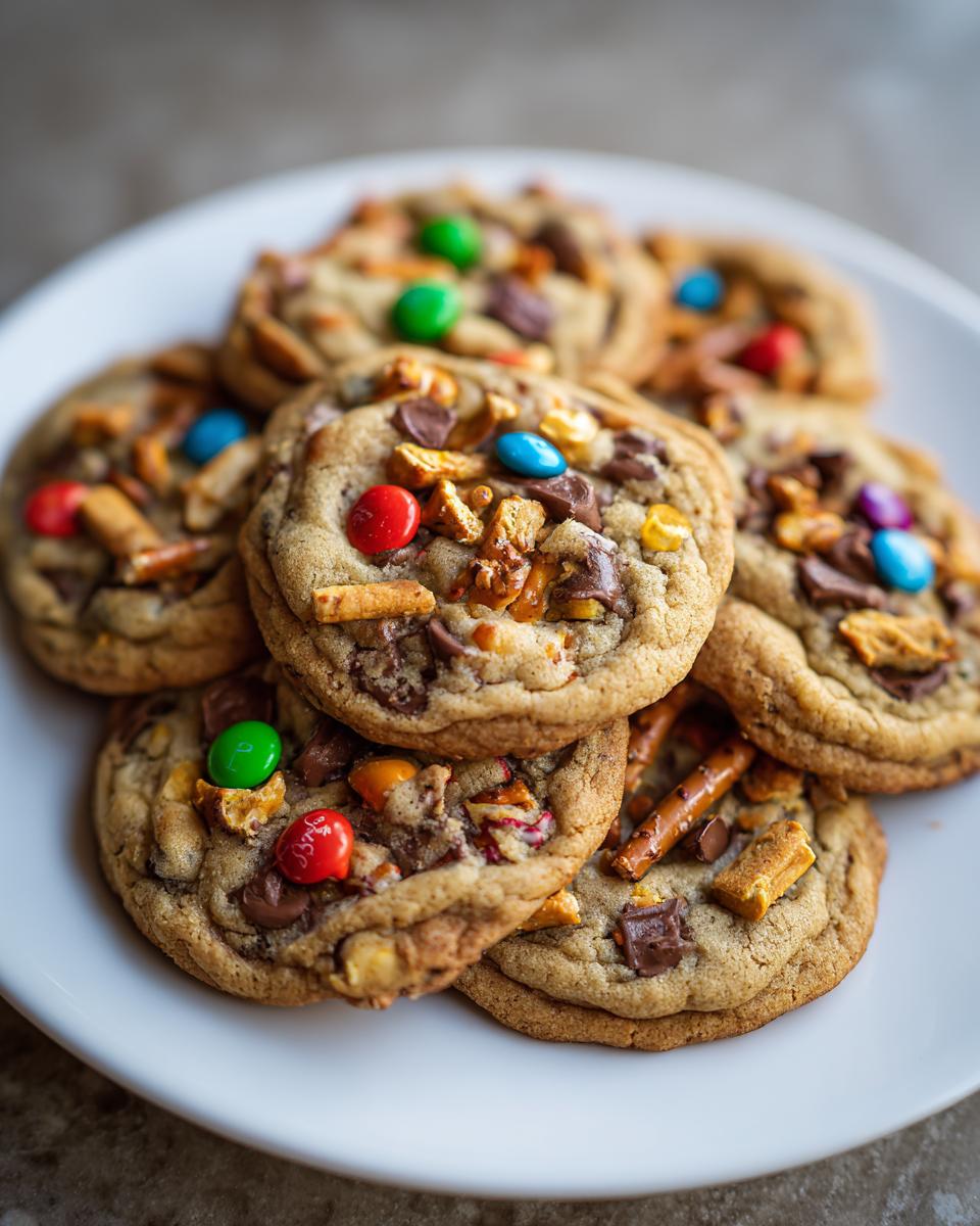 A stack of freshly baked kitchen sink cookies loaded with M&Ms, chocolate chunks, and pretzel pieces on a white plate.