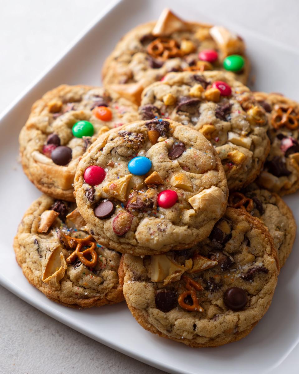 A close-up stack of freshly baked kitchen sink cookies loaded with M&Ms, chocolate chips, and pretzels.