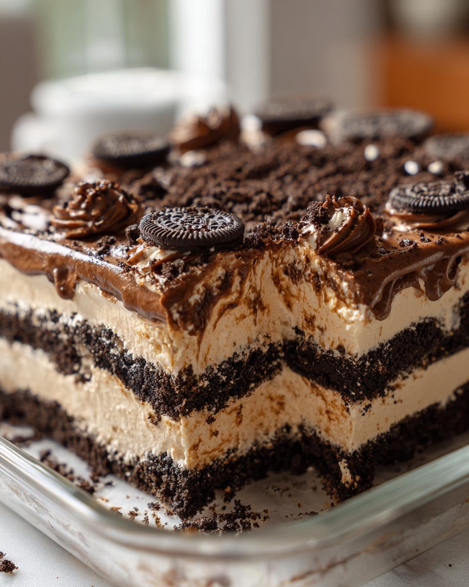 A cross-section view of a rich, layered dirt cake showing alternating layers of chocolate cookie crumbs and creamy filling, topped with chocolate frosting and whole Oreos.