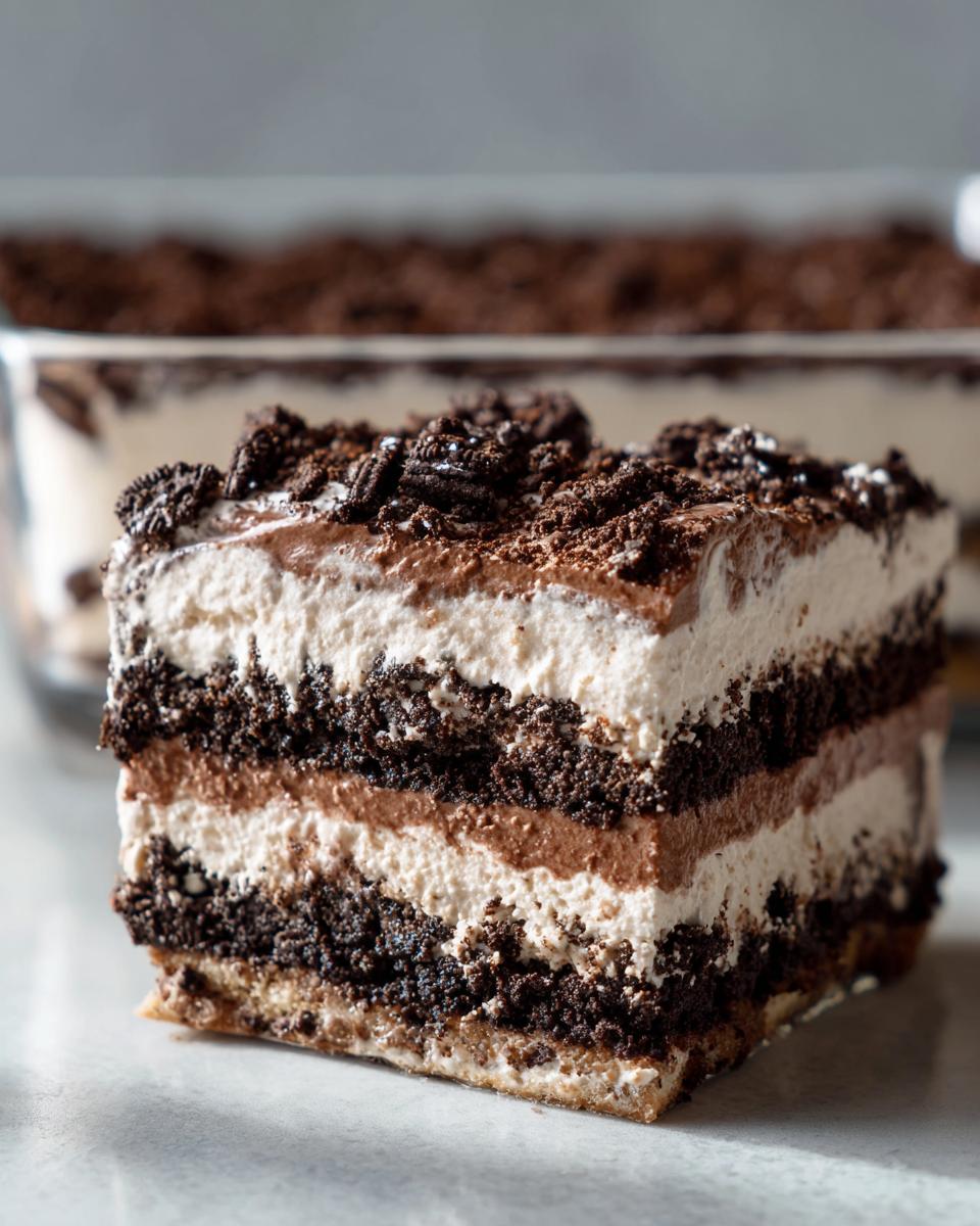 A close-up slice of layered dirt cake showing alternating layers of cream and chocolate cookie crumbs.