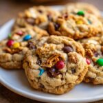 A close-up of several soft, chunky kitchen sink cookies loaded with chocolate chips, M&Ms, and pretzel pieces, served on a white plate.