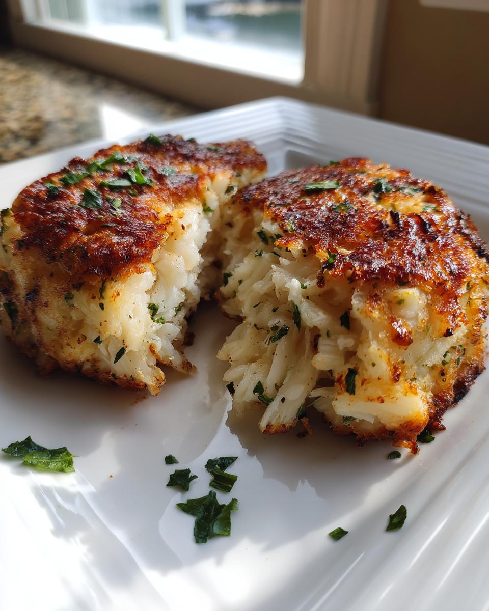 Close-up of a perfectly seared maryland crab cake cut in half, showing the flaky white crab meat inside.