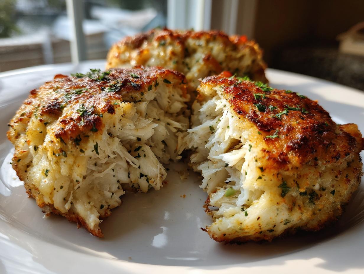 Close-up of a perfectly seared Maryland crab cake broken open to show the flaky white crab meat inside.