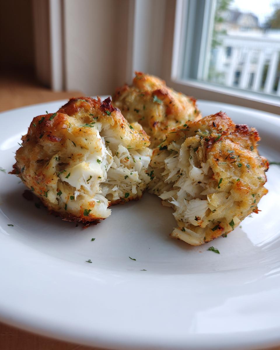 Close-up of a maryland crab cake broken in half showing large chunks of white crab meat inside.