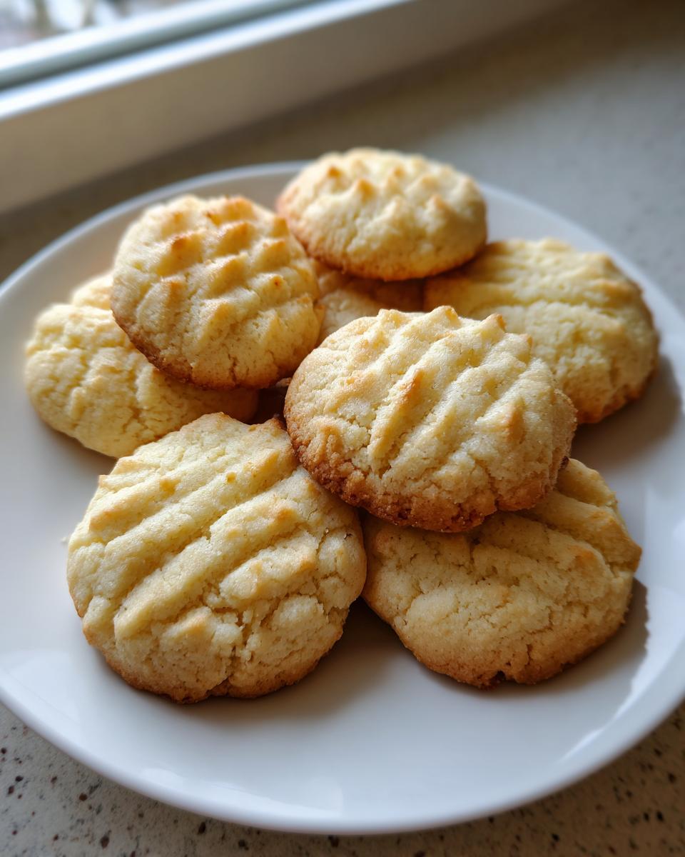 A pile of freshly baked, golden butter cookie treats with fork marks on a white plate.