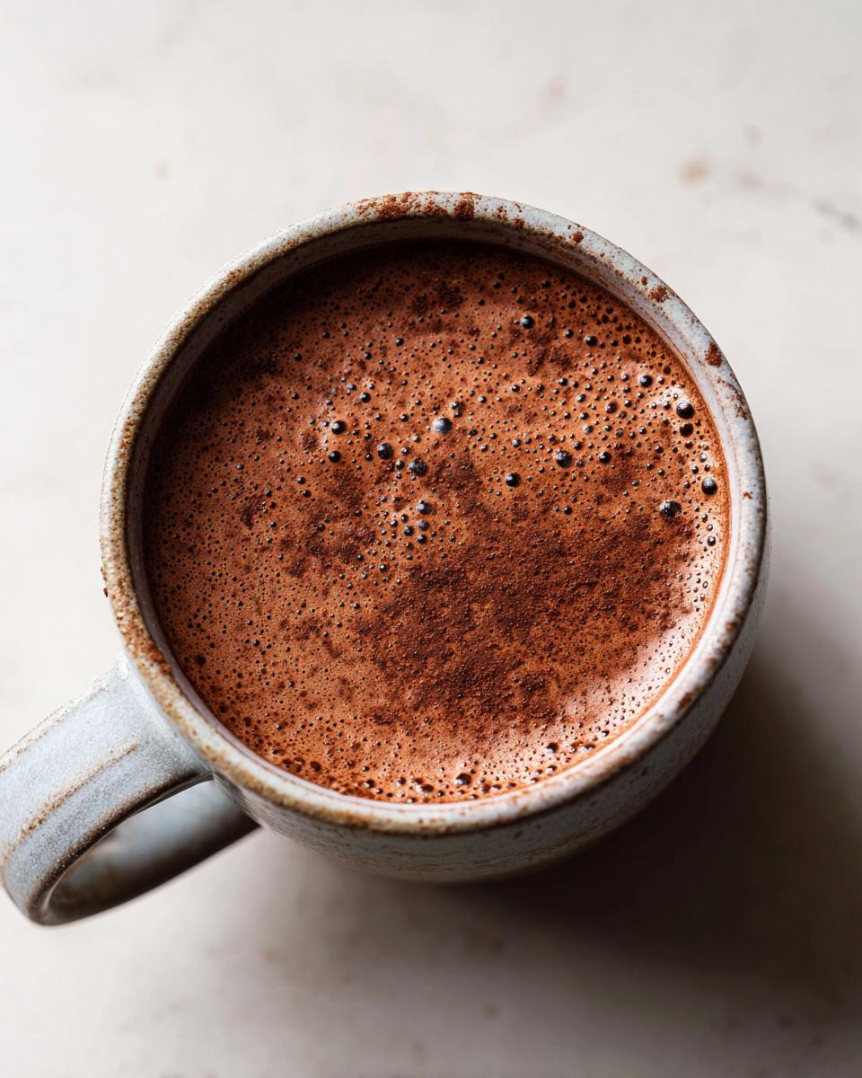 Overhead view of rich, foamy mexican hot chocolate topped with cocoa powder in a rustic ceramic mug.