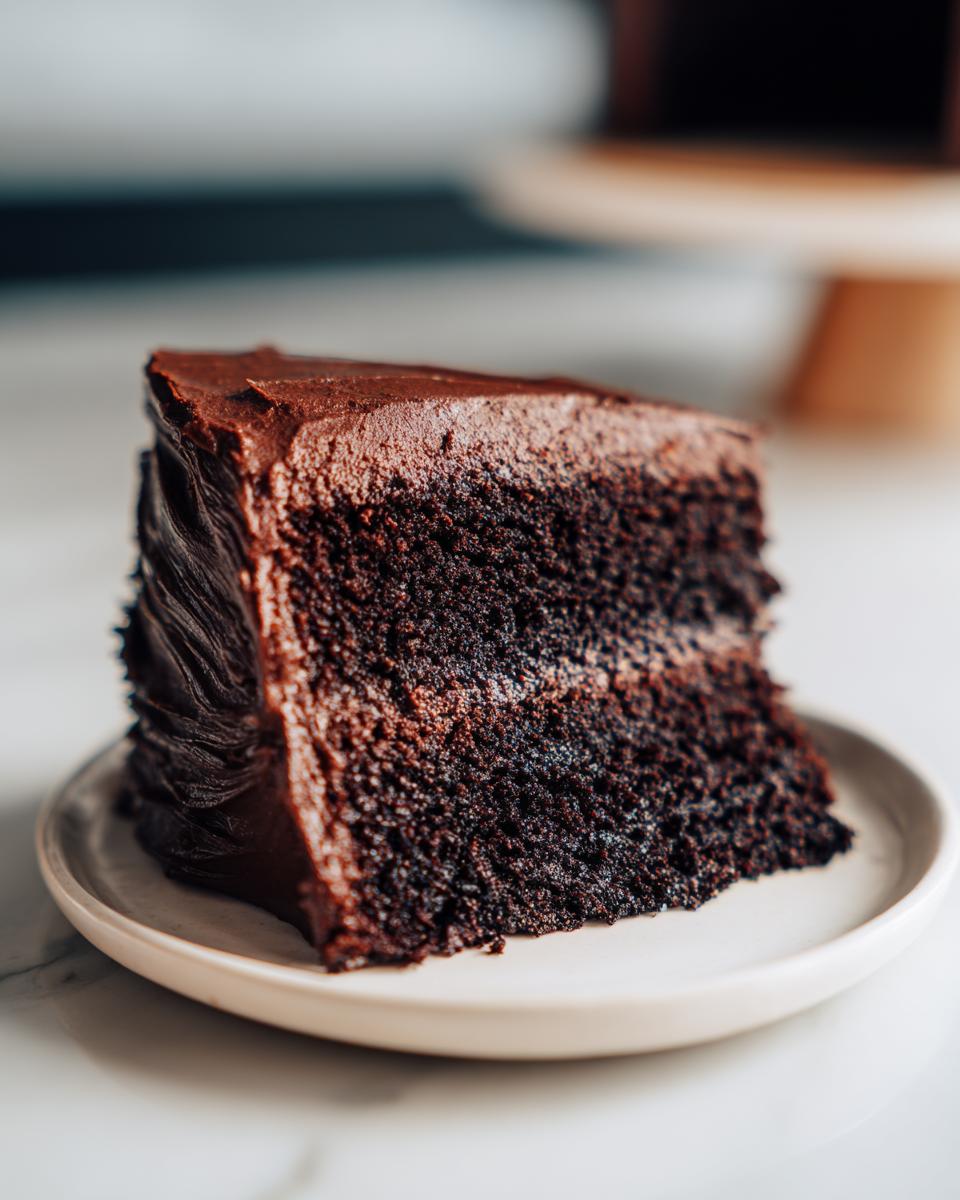 Close-up of a rich, moist slice of chocolate fudge cake with thick dark frosting on a small plate.