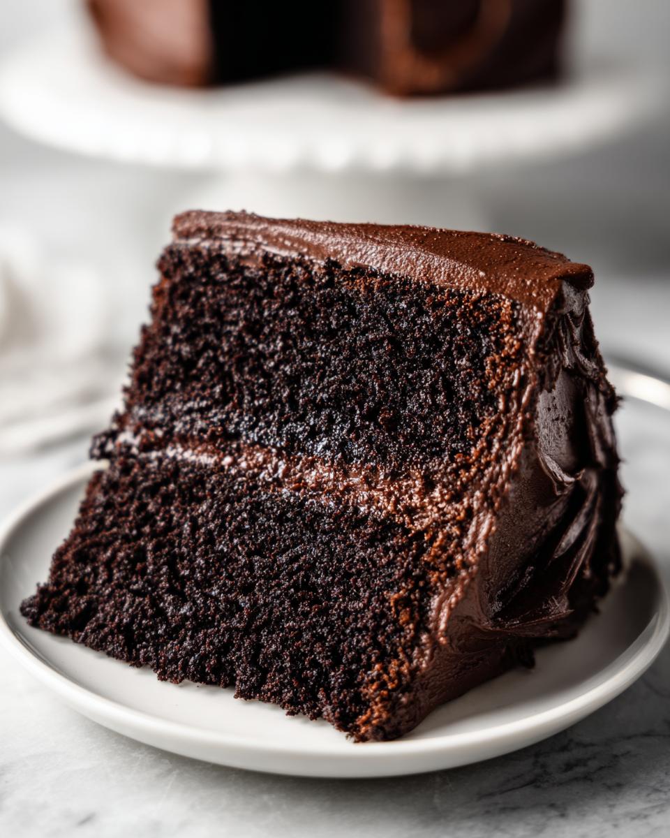 Close-up of a moist slice of dark chocolate fudge cake with thick chocolate frosting.