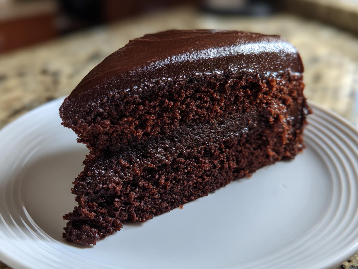 Close-up of a moist slice of rich chocolate fudge cake topped with shiny, dark chocolate ganache frosting.