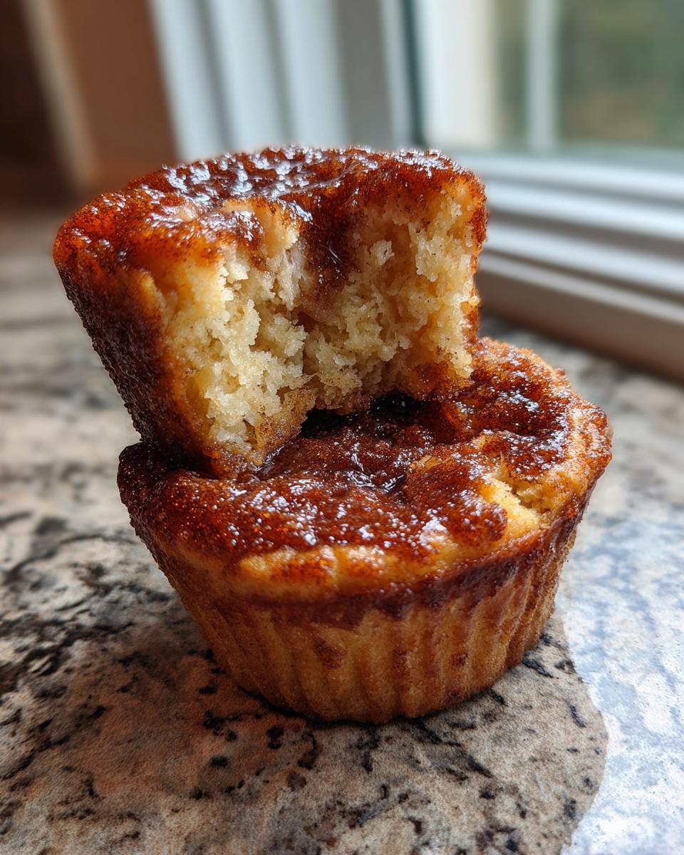 Close-up of two french toast muffins stacked, with the top one broken open to show the moist, cinnamon-swirled interior.