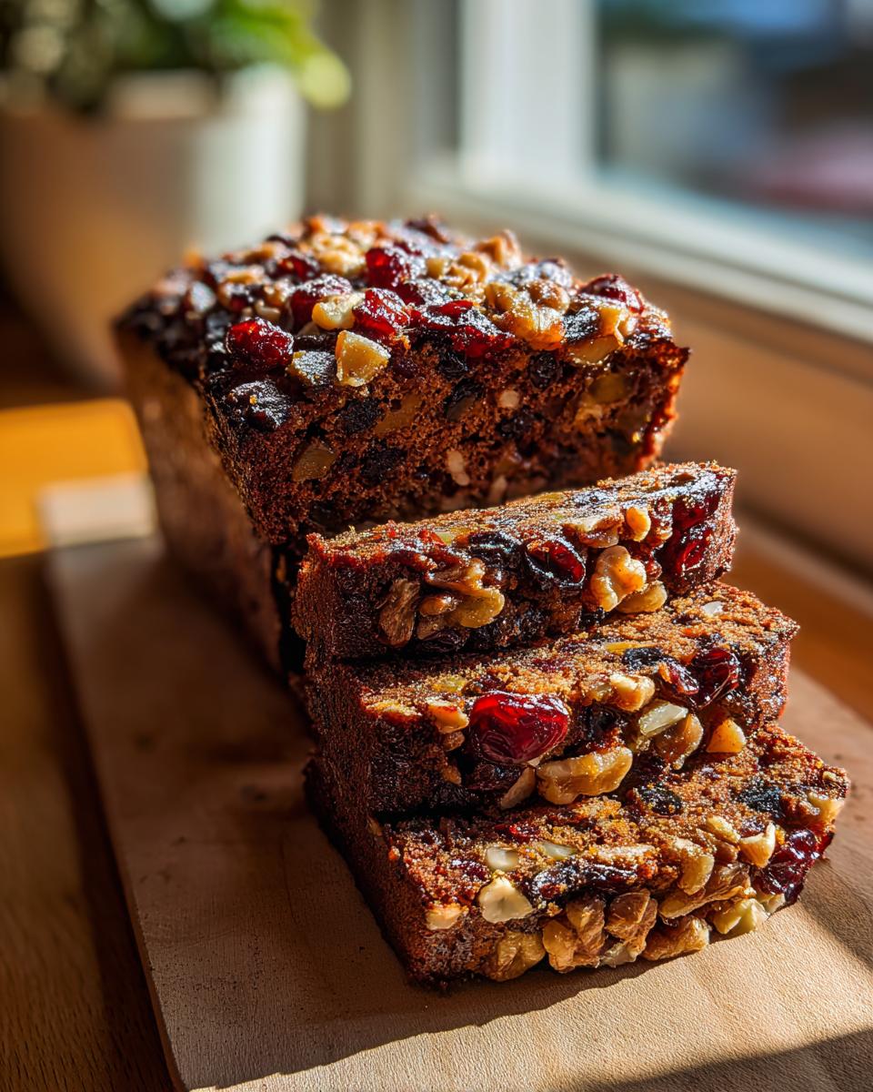 A moist fruit cake recipe loaf, partially sliced, showing rich dark cake studded with dried cranberries and walnuts.