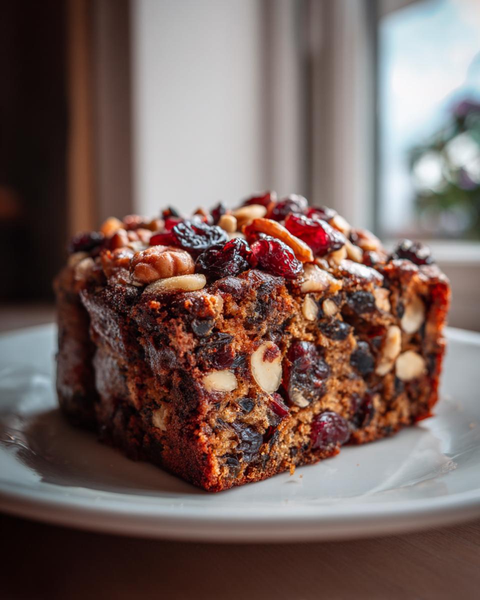 Close-up of a moist slice of fruit cake recipe, packed with dried fruit and nuts, sitting on a white plate.