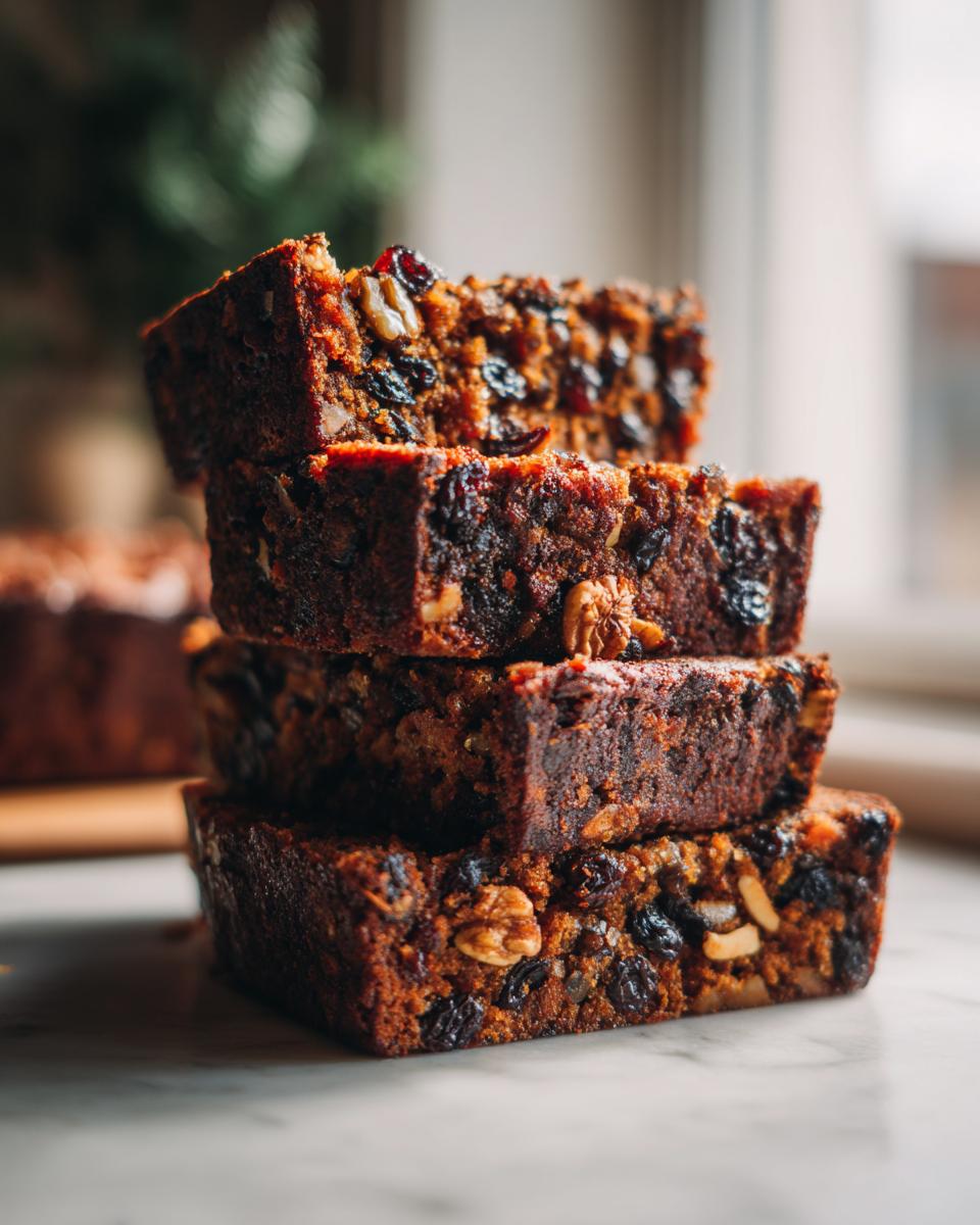 Four thick slices of moist fruit cake recipe stacked vertically on a marble surface.