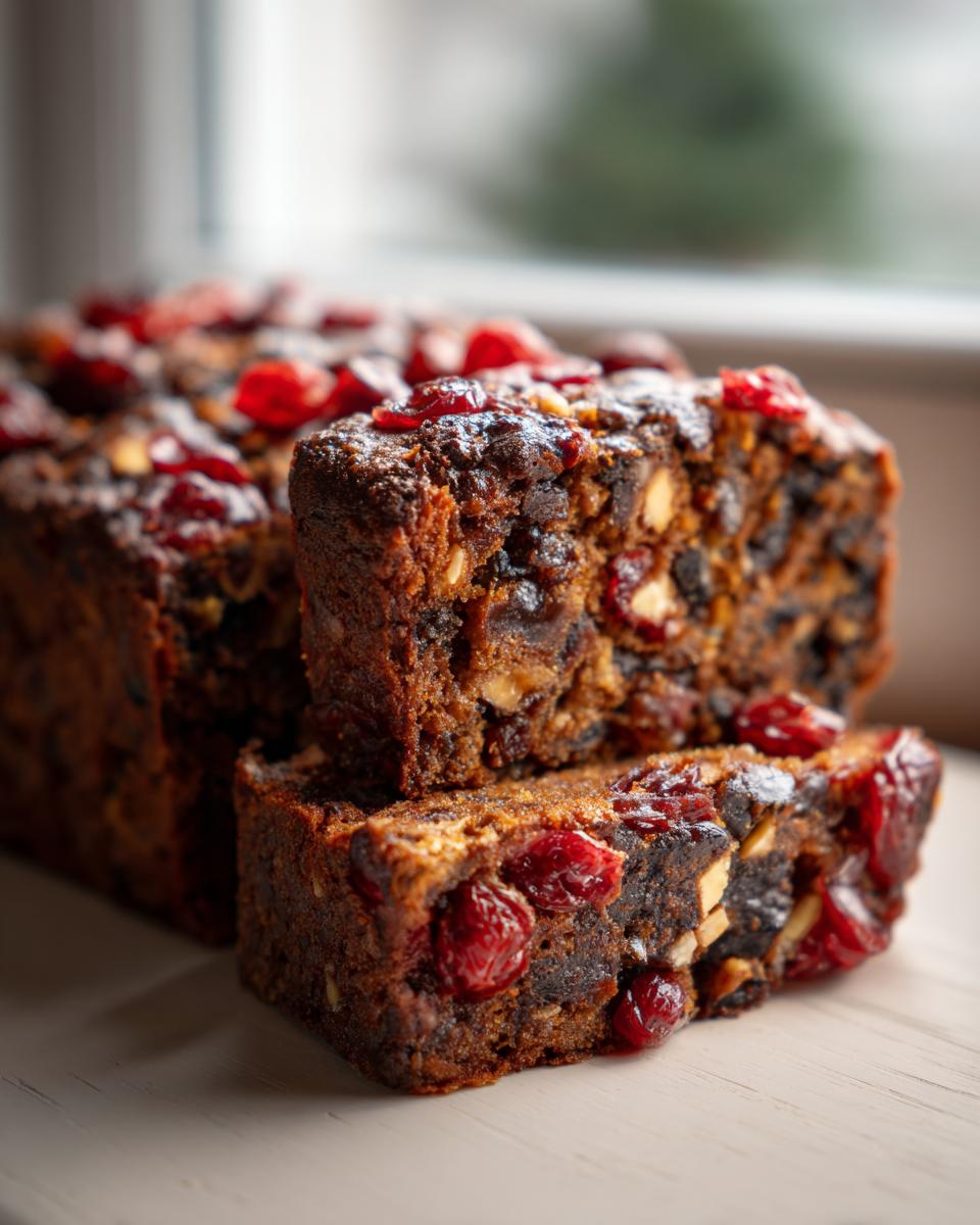 Close-up of two thick slices of dark, moist fruit cake recipe packed with dried cherries and nuts.