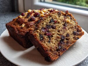 Two slices of moist fruit cake recipe showing a dense crumb packed with dried cranberries and walnuts.