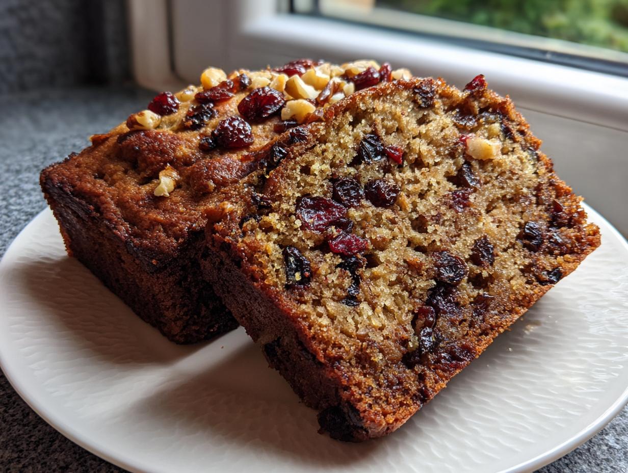 Two slices of moist fruit cake recipe showing a dense crumb packed with dried cranberries and walnuts.