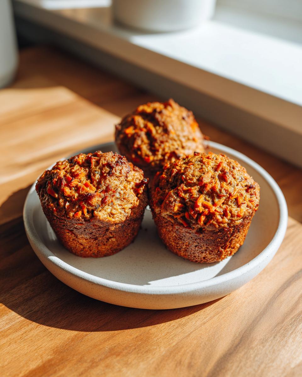 Three freshly baked morning glory muffins, rich with visible shredded carrots, sitting on a small white plate.