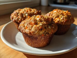 Three freshly baked morning glory muffins, topped with visible shredded carrots and nuts, sitting on a white plate.