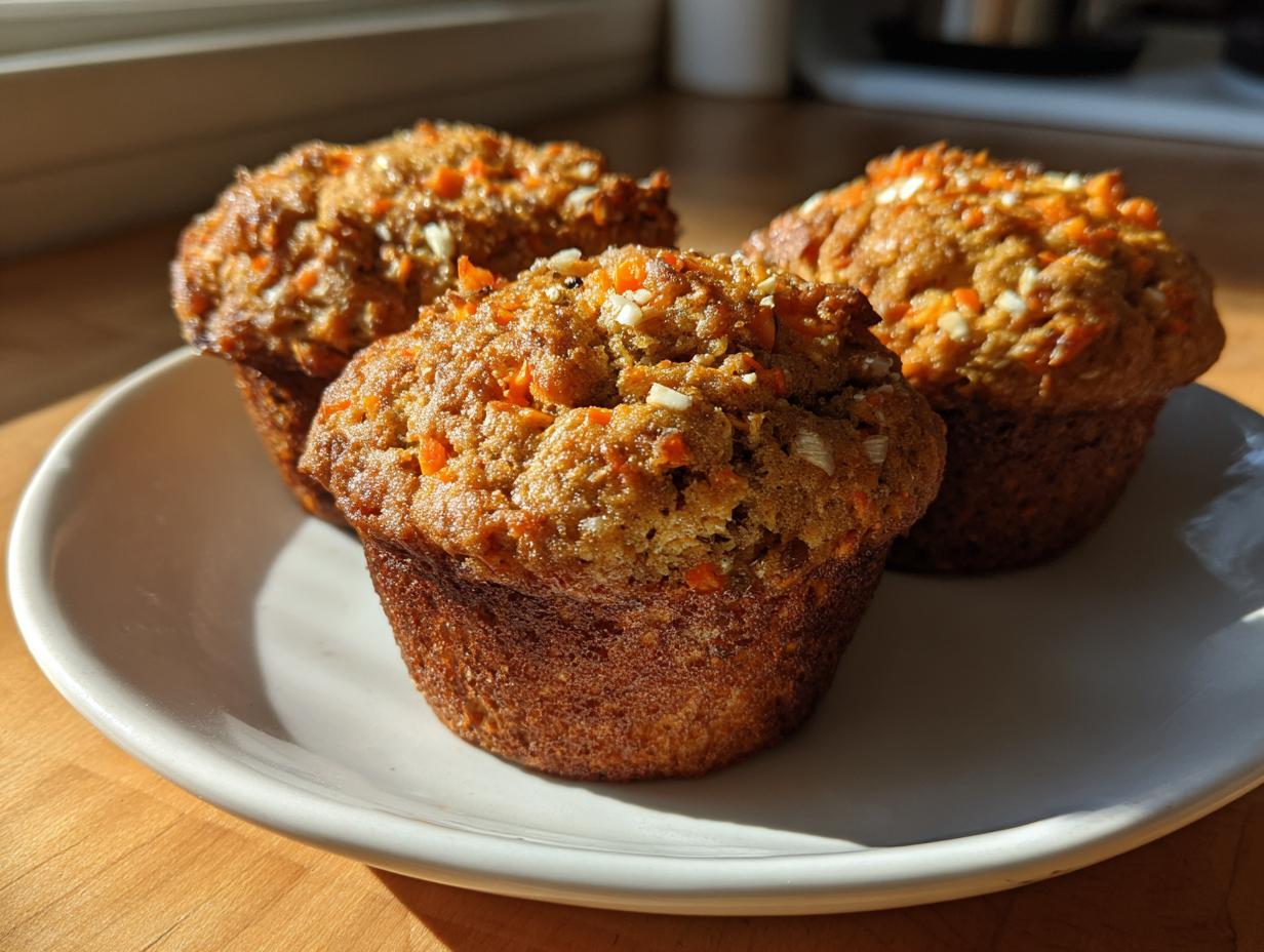Three freshly baked morning glory muffins, topped with visible shredded carrots and nuts, sitting on a white plate.