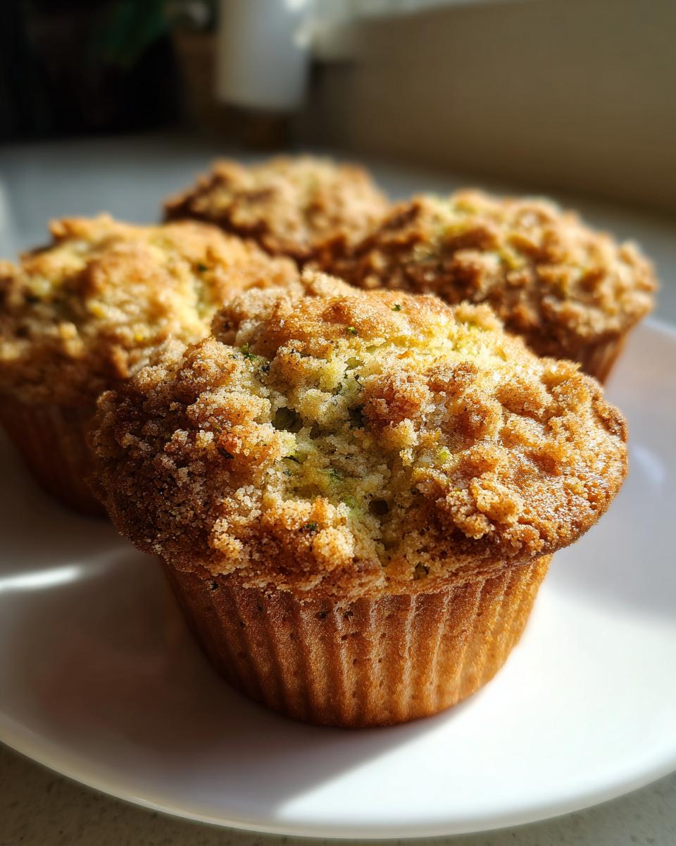 Close-up of moist pistachio muffins topped with a golden brown streusel crumb topping, sitting on a white plate.