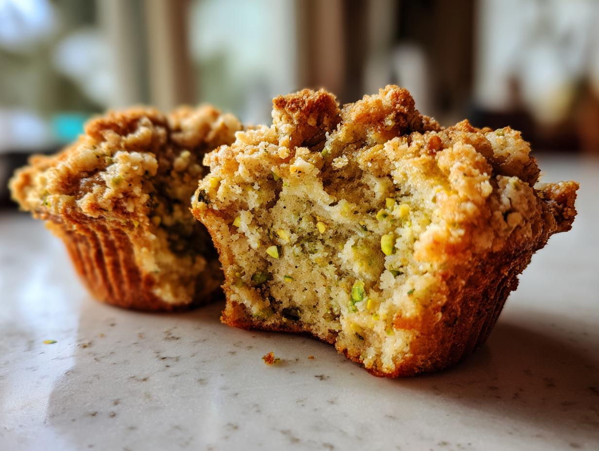 Close-up of a moist pistachio muffin cut in half, showing green pistachio pieces and a crumb topping.