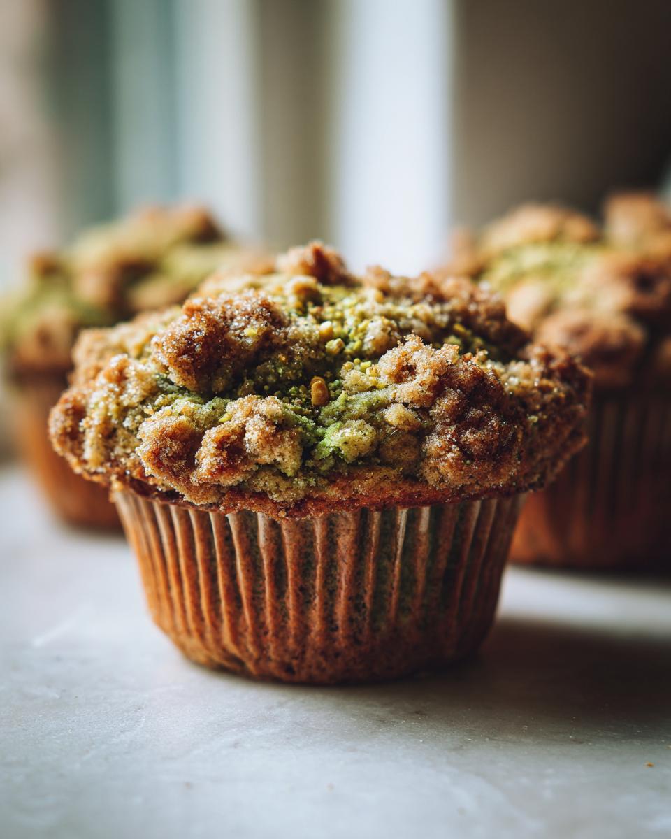 A close-up, moody shot of a single moist pistachio muffin topped with brown sugar streusel and green pistachio crumbs.