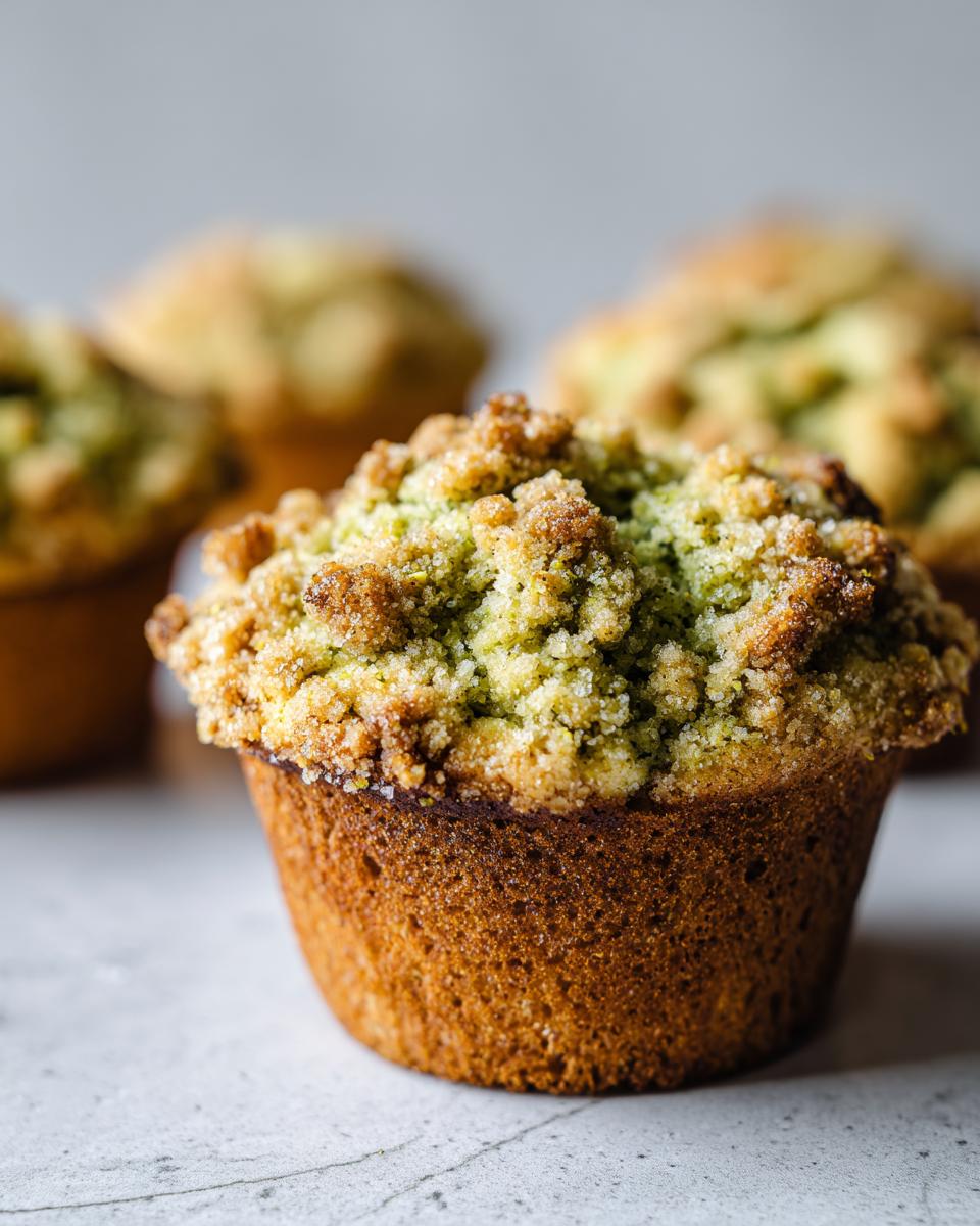 A close-up of one moist pistachio muffins featuring a thick, sugary pistachio streusel topping.