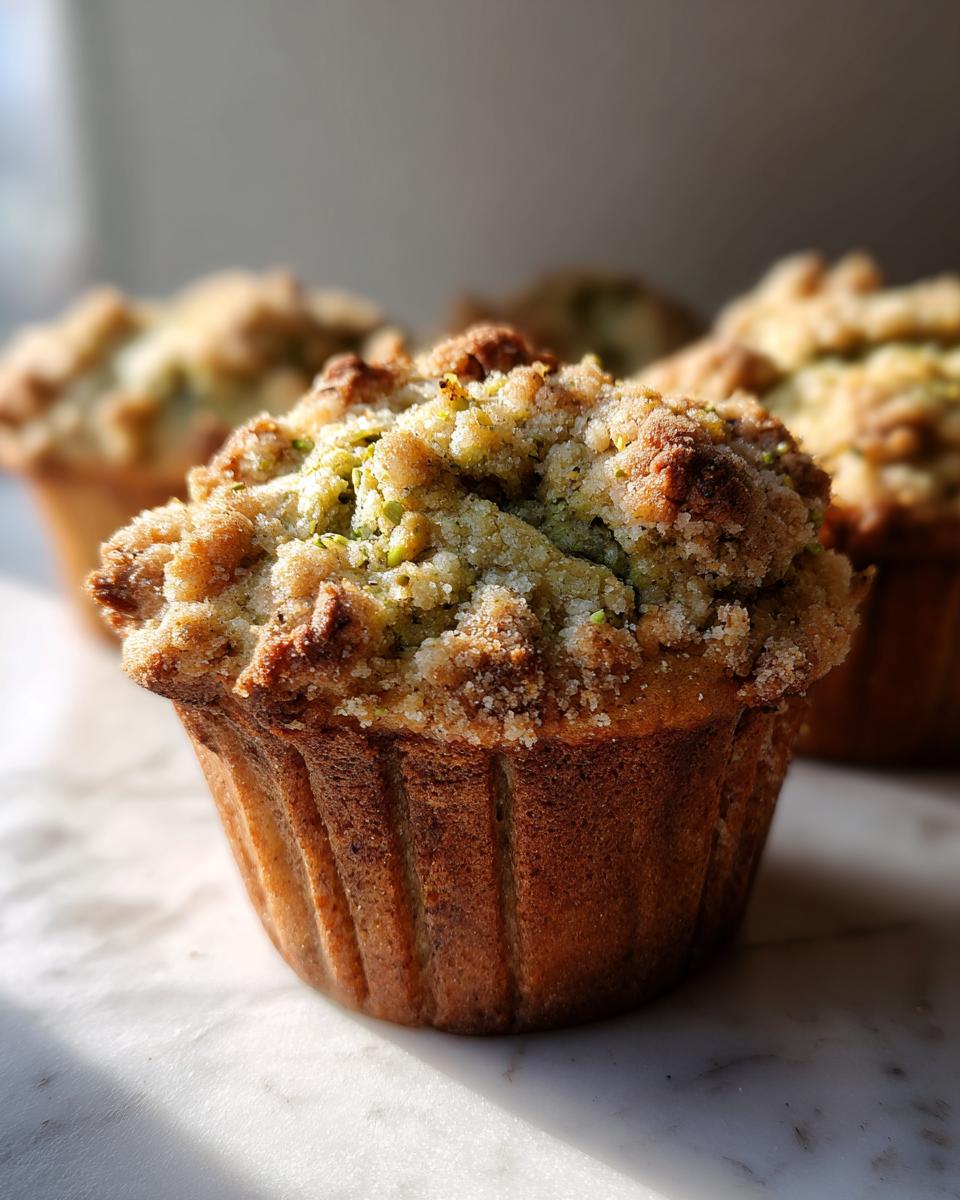 Close-up of a perfectly baked pistachio muffin featuring a golden-brown base and a generous, sugary streusel topping.
