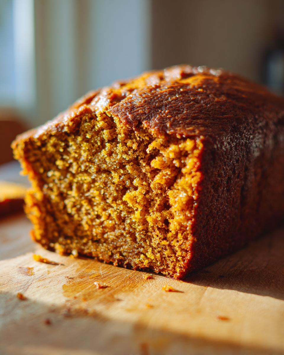 Close-up of a freshly baked sweet potato cornbread loaf showing its moist, orange-hued crumb on a wooden board.