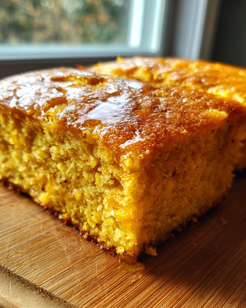 Close-up of a moist, golden slice of sweet potato cornbread drizzled with glaze on a wooden board.