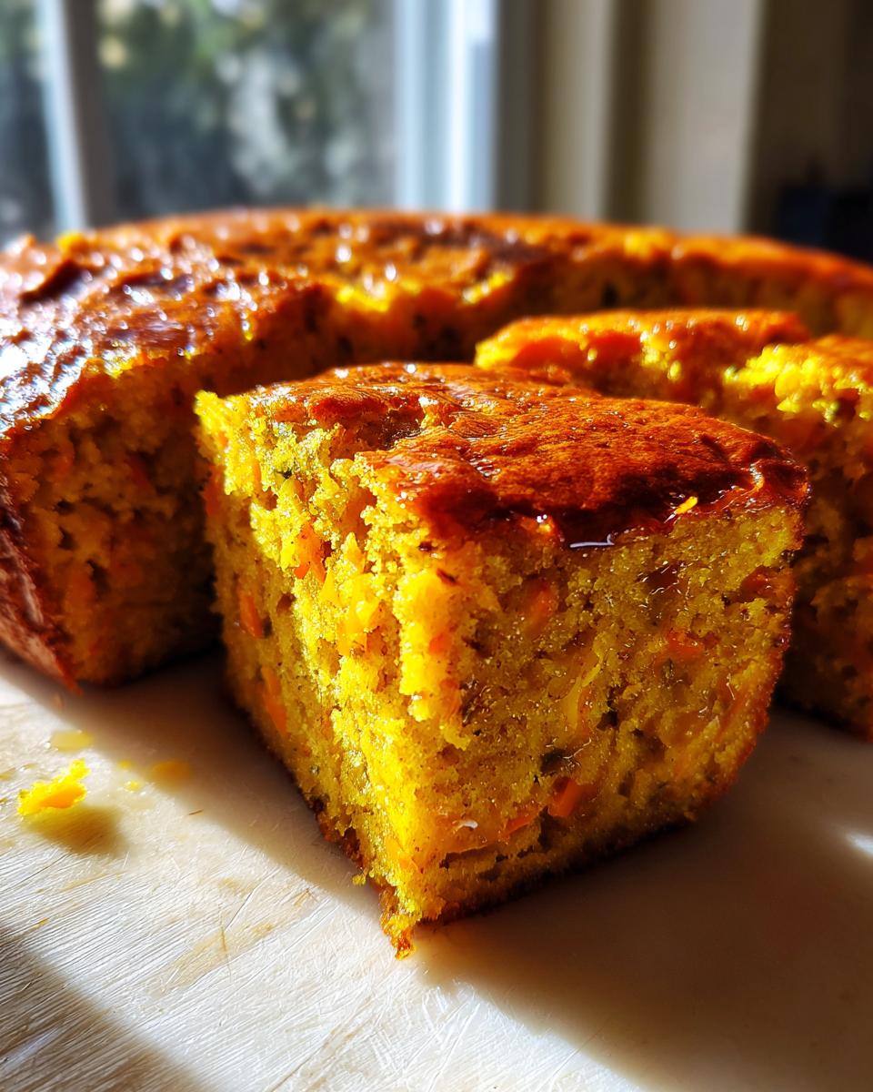 Close-up of a vibrant orange slice of sweet potato cornbread with a glossy glaze.