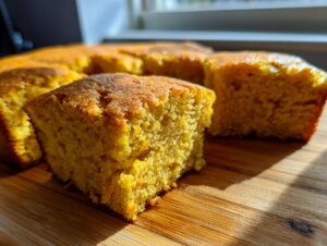 A close-up of several moist slices of bright orange sweet potato cornbread resting on a wooden cutting board.