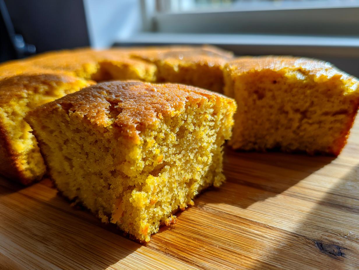 A close-up of several moist slices of bright orange sweet potato cornbread resting on a wooden cutting board.