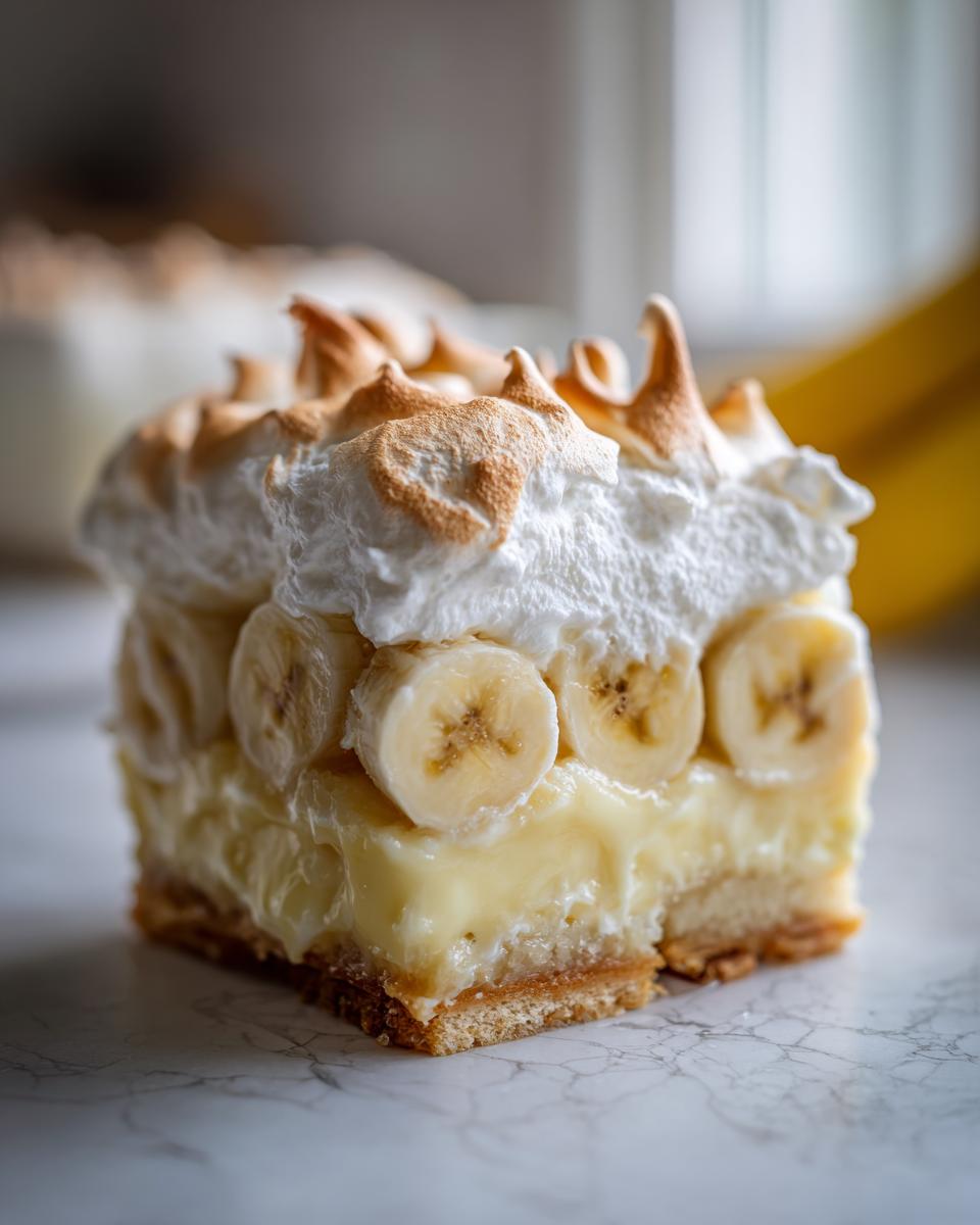 Close-up of a square slice of old-fashioned banana pudding featuring layers of vanilla custard, sliced bananas, and toasted meringue topping.