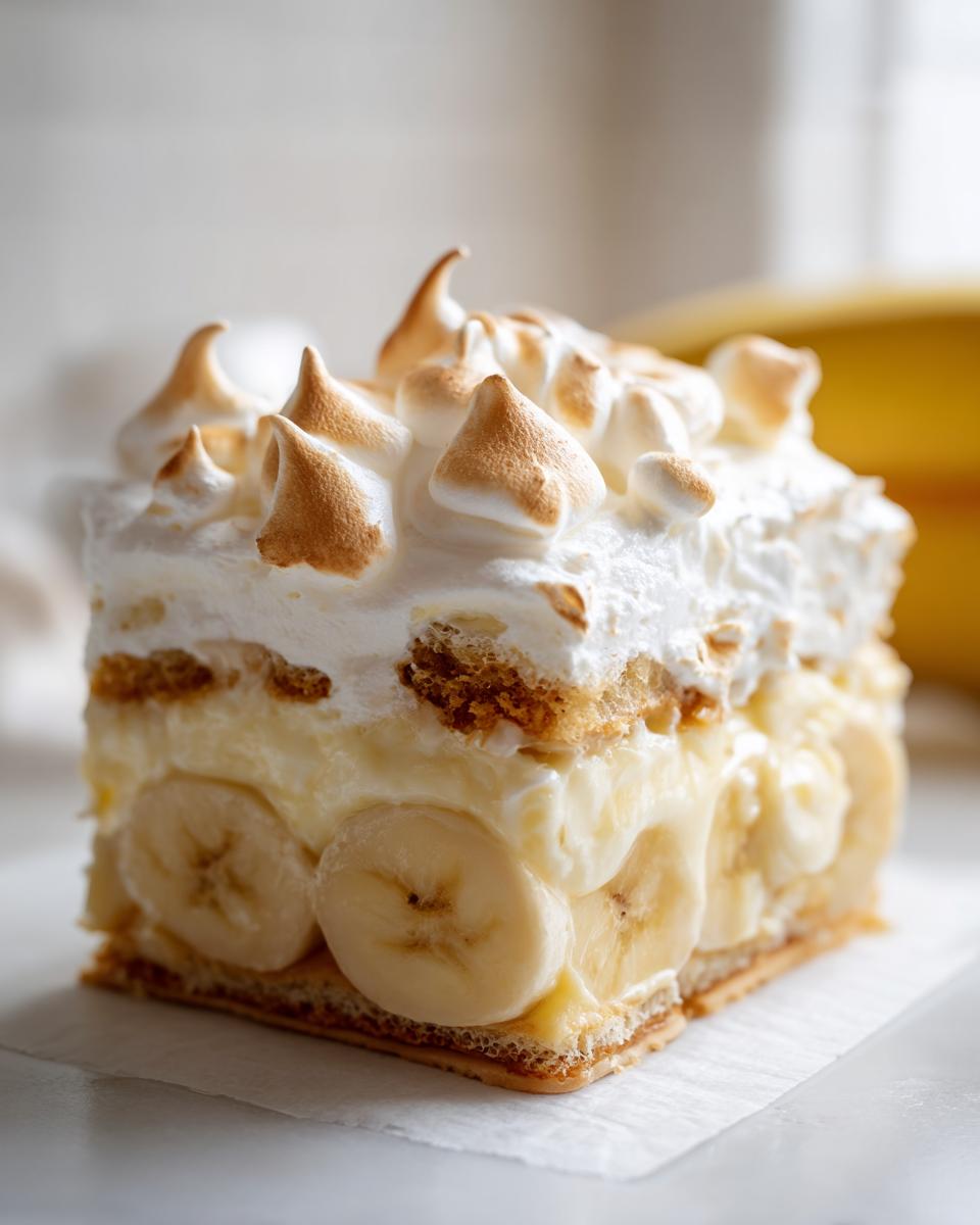 A square slice of old-fashioned banana pudding showing layers of vanilla wafers, creamy custard, sliced bananas, and toasted meringue topping.