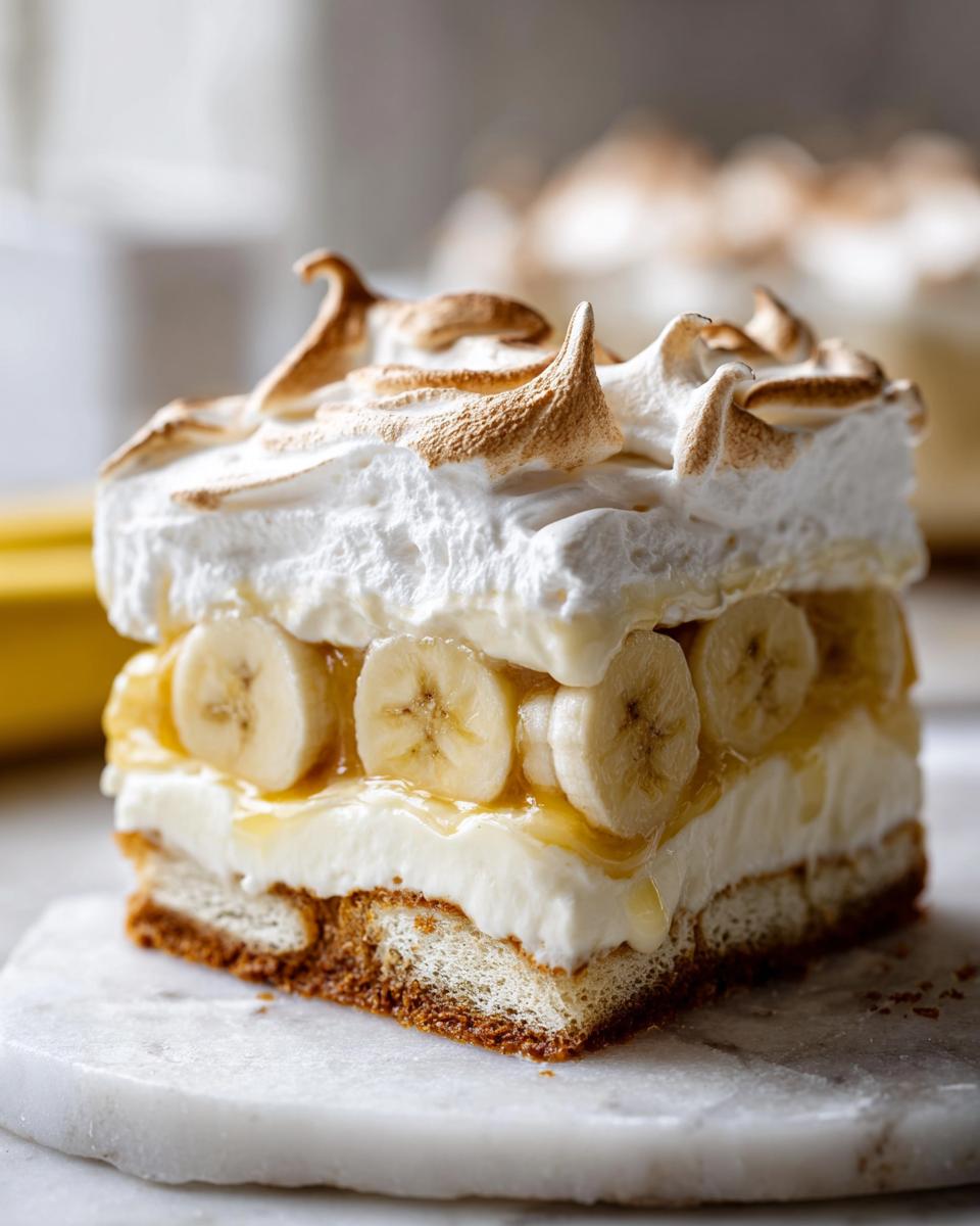 A layered slice of old-fashioned banana pudding featuring vanilla wafers, creamy filling, fresh banana slices, and toasted meringue topping.