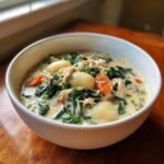 A close-up of a white bowl filled with creamy olive garden chicken gnocchi soup, featuring gnocchi, shredded chicken, spinach, and carrots.