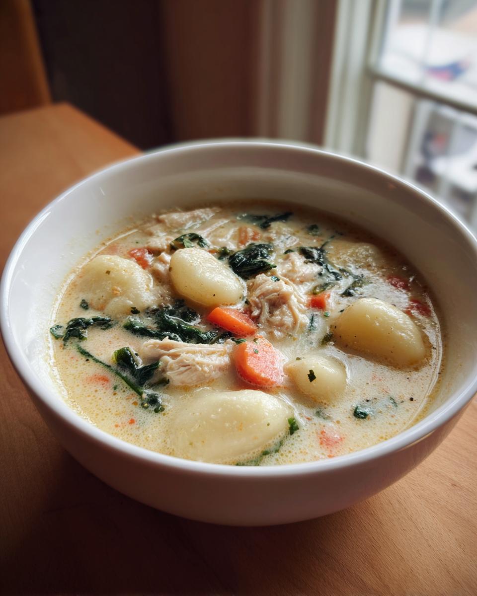 Close-up of a white bowl filled with creamy olive garden chicken gnocchi soup, showing gnocchi, shredded chicken, and spinach.