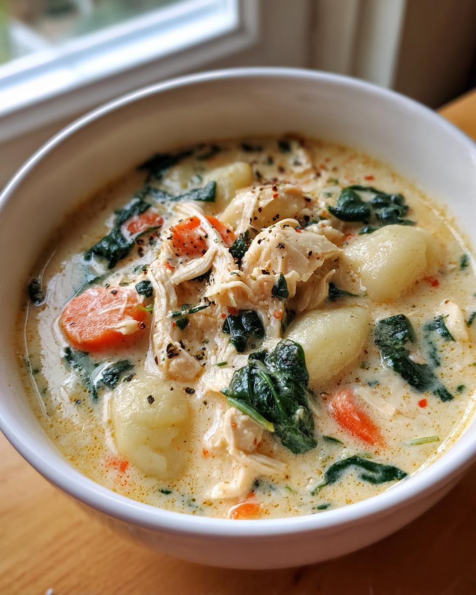 A close-up of a white bowl filled with creamy olive garden chicken gnocchi soup, featuring shredded chicken, gnocchi, spinach, and carrots.