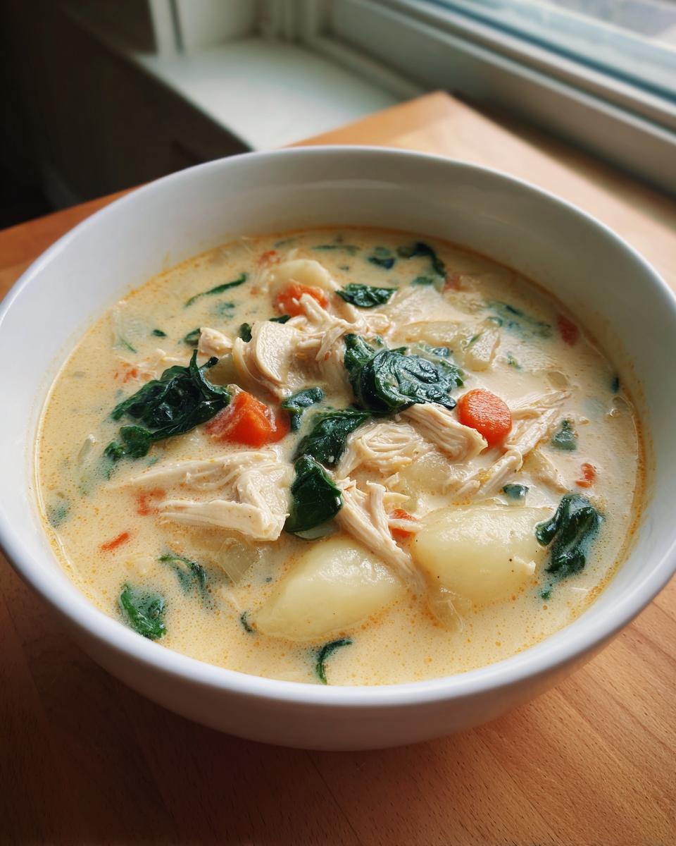 A close-up of a bowl of creamy olive garden chicken gnocchi soup, featuring shredded chicken, spinach, carrots, and soft gnocchi.